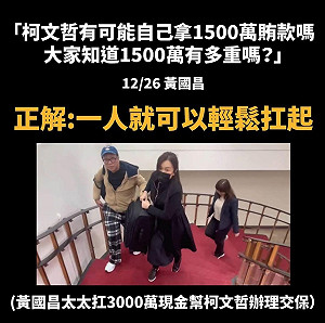 1500萬有多重？網譏：黃國昌老婆一人可提3000萬
