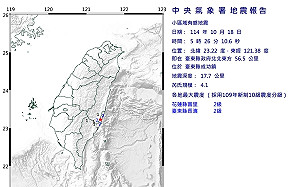 地牛翻身！台東清晨發生規模4.1地震　花東最大震度2級
