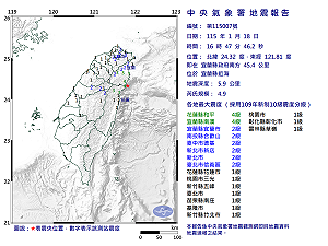 快訊》16:47宜蘭縣近海發生規模4.9有感地震 最大震度花蓮縣和平、宜蘭縣南澳4級