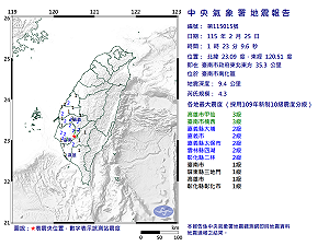快訊》01:23臺南市南化區發生規模4.3有感地震 最大震度高雄市甲仙、臺南市楠西3級