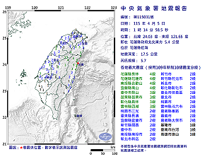 快訊》01:14花蓮縣近海發生規模5.7有感地震 3縣市有感 最大震度4級