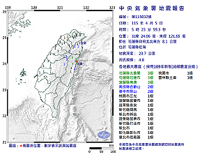快訊》05:23花蓮縣近海發生規模4.8有感地震 最大震度花蓮縣太魯閣、花蓮縣花蓮市、宜蘭縣南澳3級