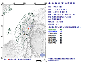 快訊》00:59花蓮縣萬榮鄉發生規模4.2有感地震 最大震度花蓮縣光復4級