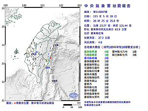 快訊》20:25臺東縣近海發生規模4.8有感地震 最大震度臺東縣長濱4級