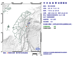 快訊》07:06花蓮縣豐濱鄉發生規模4.0有感地震 最大震度花蓮縣東富4級