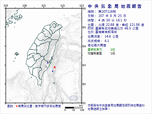 地牛翻身！台灣東南海域規模4.1地震 台東最大震度3級