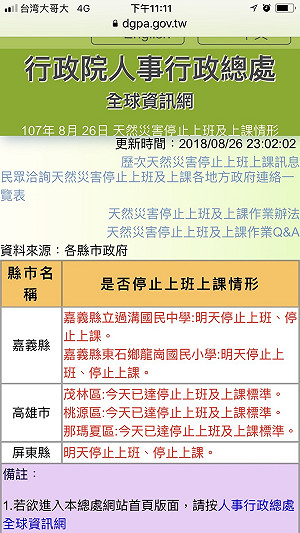 27日屏縣、嘉縣過溝國中及龍崗國小、高市那瑪夏等3區停班停課