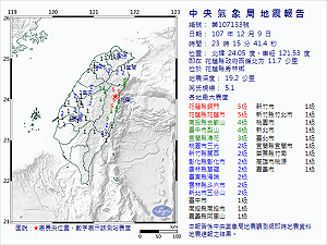 晚間11：15花蓮地震規模5.1 南投、台中4級 宜蘭3級
