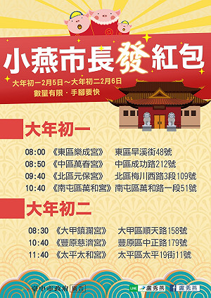 盧秀燕新春小紅包 初一、初二七間宮廟發放