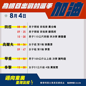 東奧》台灣8/4賽程 黃筱雯拳擊搶金牌戰 陳奎儒、鄭兆村拼決賽