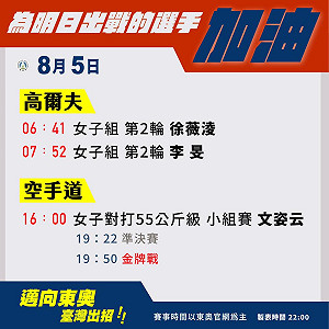 東奧》台灣8/5賽程 奪牌厚望！空手道文姿云壓軸登場 高球雙姝拼奪牌