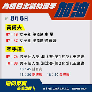 東奧》台灣8/6賽程 最後兩賽事 空手道王翌達拼金 高球雙姝戰第三輪