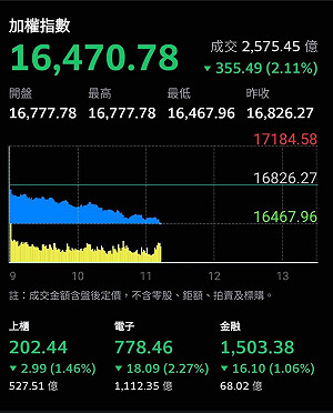 美股下跌台股也震盪 盤中重挫355點摜破16500點