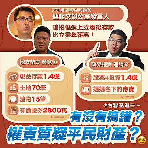 連勝文辦公室質疑陳柏惟財產暴增 台灣基進： 連家權貴質疑平民財產？