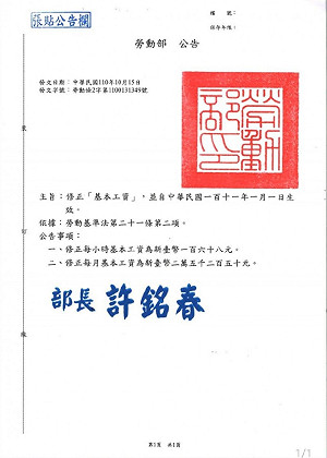 基本工資明年元旦正式調升 漲幅達5.21％