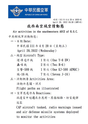 共機又來了！這次一共來了11架擾台 轟-6繞飛東南空域