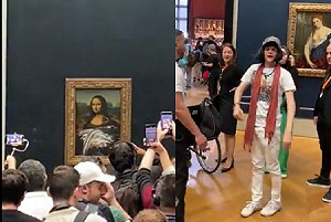 蒙娜麗莎險遭玷汙！男扮女裝坐輪椅砸蛋糕 畫作外觀「白白的」
