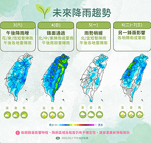 未來一週天氣一圖懂！氣象署：週日首波梅雨鋒面通過 全台六日有雨