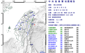 快訊》全台有感！花蓮18時9分規模5.5地震　鹽寮最大震度達4級