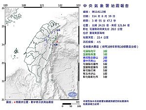 快訊》03:55臺灣東部海域發生規模4.5有感地震 最大震度花蓮縣和平、宜蘭縣南澳3級