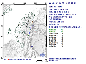 快訊》11:33臺灣東部海域發生規模5.0有感地震 最大震度花蓮縣東富、臺東縣成功3級