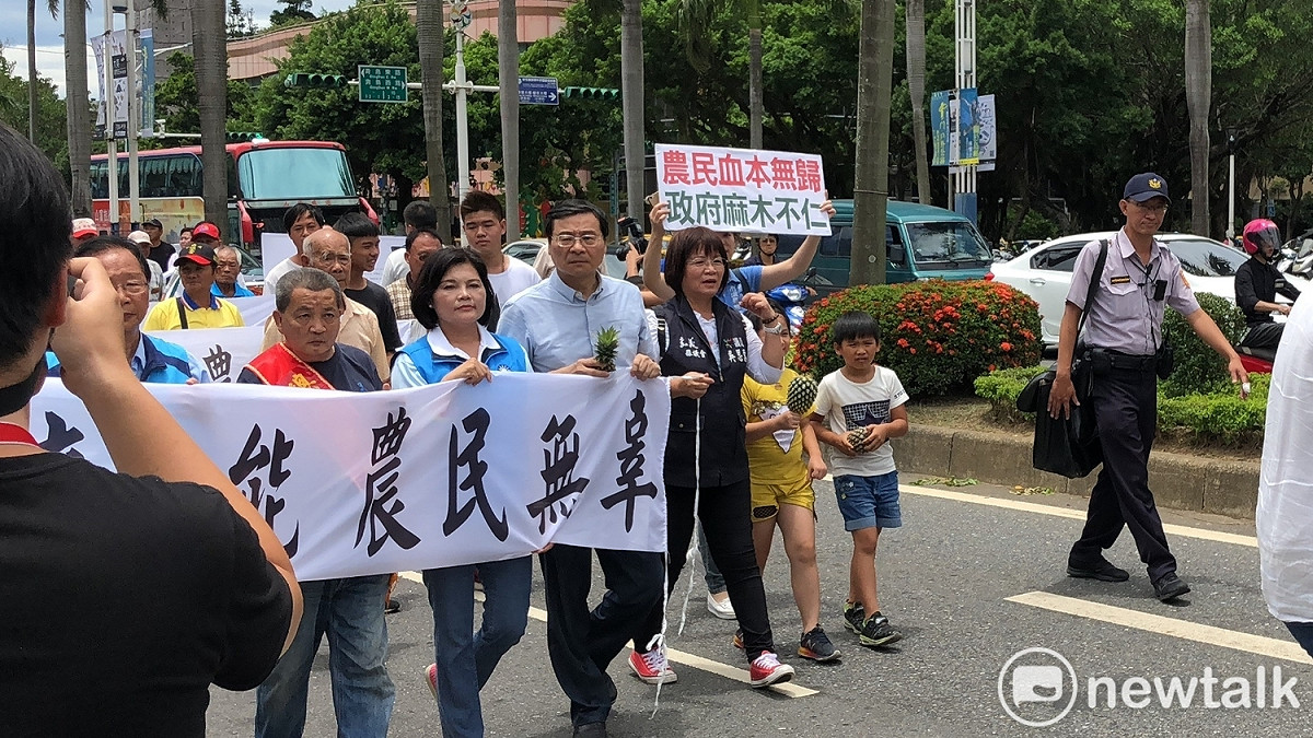 雲嘉南、高屏地區鳳梨合作社及當地農民，許多農民出動一家老小，北上立法院、行政院遊行抗議。 圖：張元誠、聶良恩/ 攝