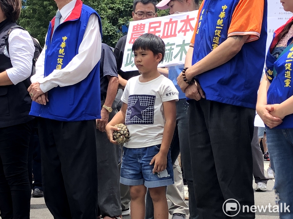 中南部鳳梨農到行政院陳抗，為了一家生計，小男孩也抱著鳳梨北上，發出無言的抗議。 圖：張元誠、聶良恩/ 攝