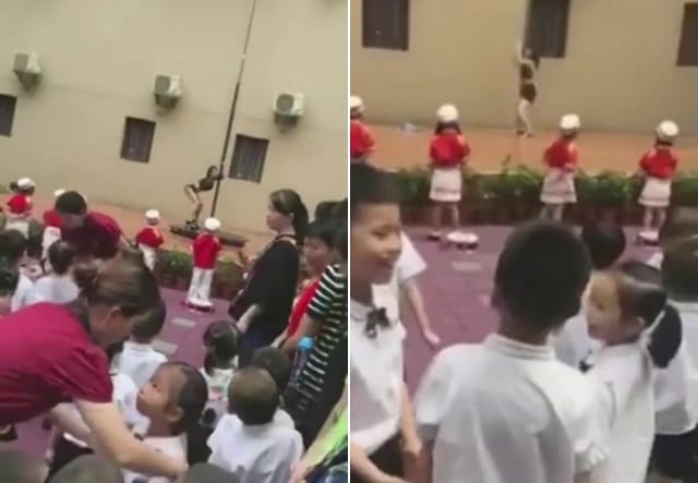 開學典禮上出現辣妹鋼管秀，許多幼兒園家長不滿表示要退學 圖：翻攝自微博