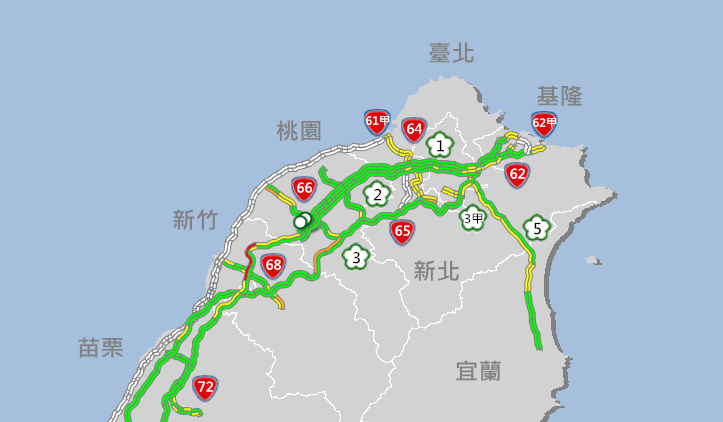 目前國道1號南下楊梅至新竹路段壅塞，平均車速約22km。 圖：截自高速公路1968網站