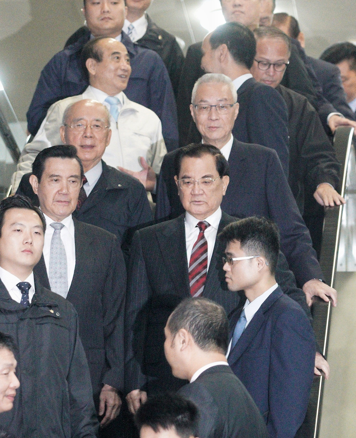 國民黨主席吳敦義、前總統馬英九、前新北市長朱立倫和前立法院長王金平共同出席國民黨中央舉行的「恭祝福德正神聖誕千秋」祭典。 圖：張良一/攝
