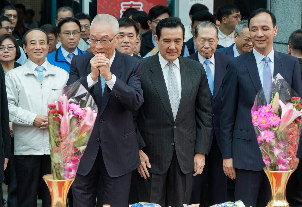 國民黨主席吳敦義、前總統馬英九、前新北市長朱立倫和前立法院長王金平共同出席國民黨中央舉行的「恭祝福德正神聖誕千秋」祭典。 圖：張良一/攝