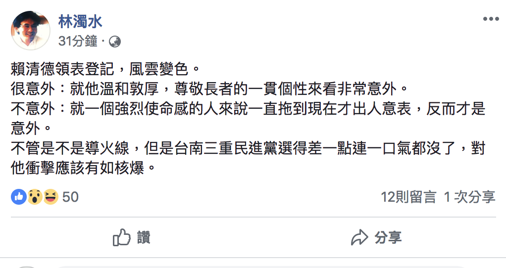 林濁水發文表示對賴清德領表登記2020總統大選意外也很不意外。 圖：翻攝自林濁水臉書