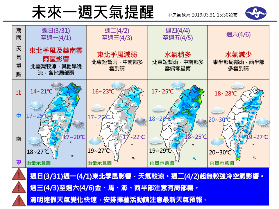 中央氣象局表示，清明連假天氣變化快，提醒民眾要隨時留意預報資訊。 圖：中央氣象局/提供