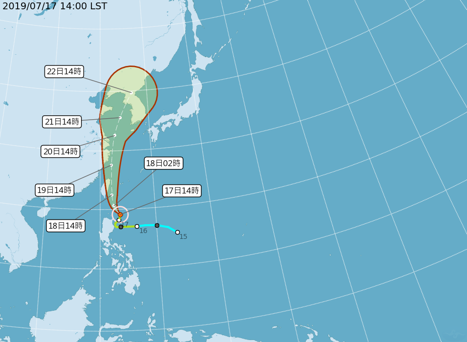 颱風丹娜絲逐漸逼近，中央氣象局在今（17）早11：30發陸上颱風警報 圖：截自中央氣象局