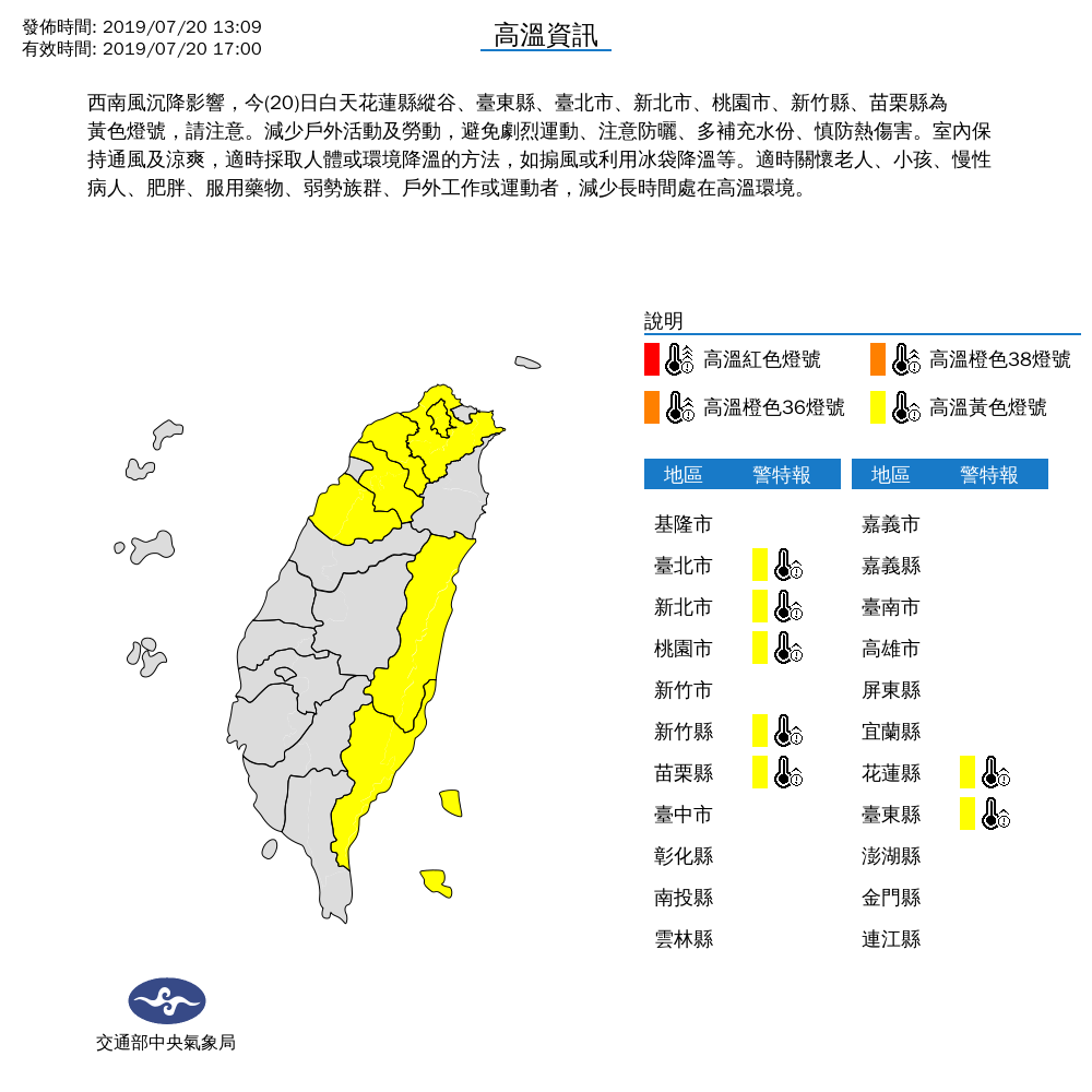 今（20）日受西南風沉降影響，白天花蓮縣縱谷、台東縣、台北市、新北市、桃園市、新竹縣、苗栗縣為黃色燈號，高溫恐達36°C以上。 圖：取自中央氣象局