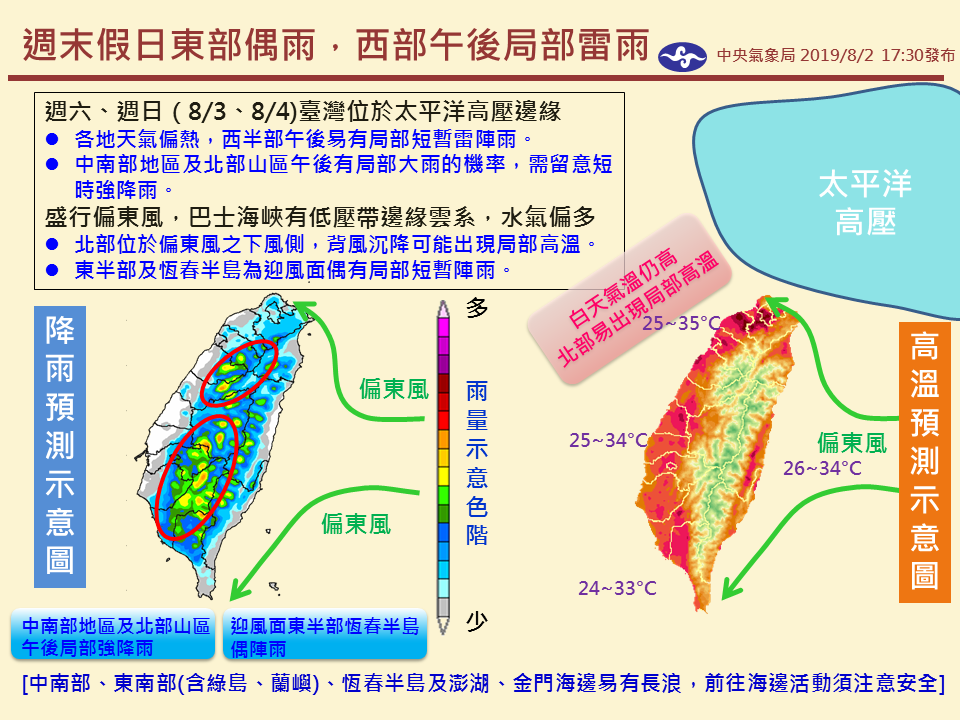 週末假日東部偶雨，西部午後局部雷雨 圖：中央氣象局/提供