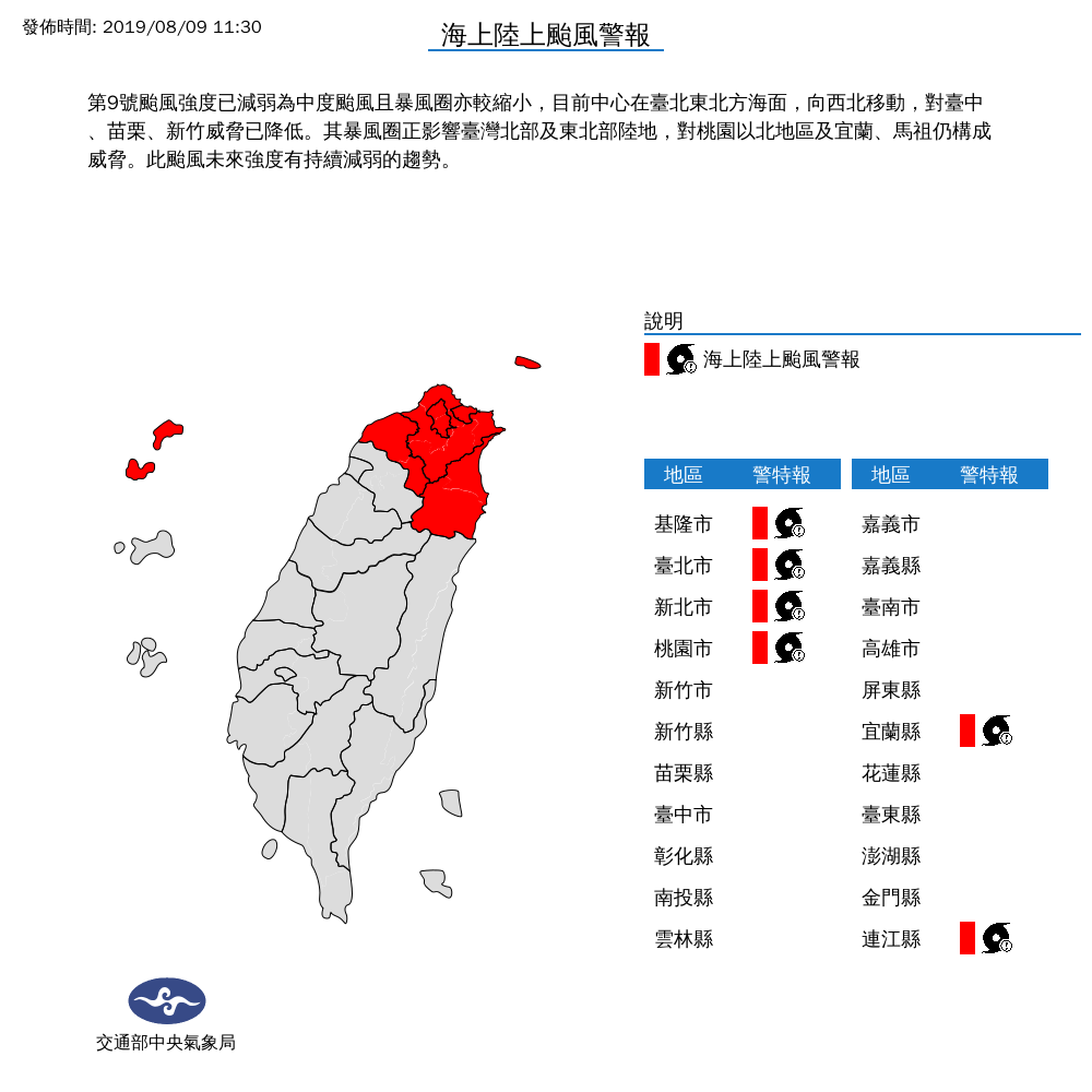 中央氣象局表示，利奇馬對台中、苗栗、新竹威脅已降低，故解除陸上警報 圖：中央氣象局／提供