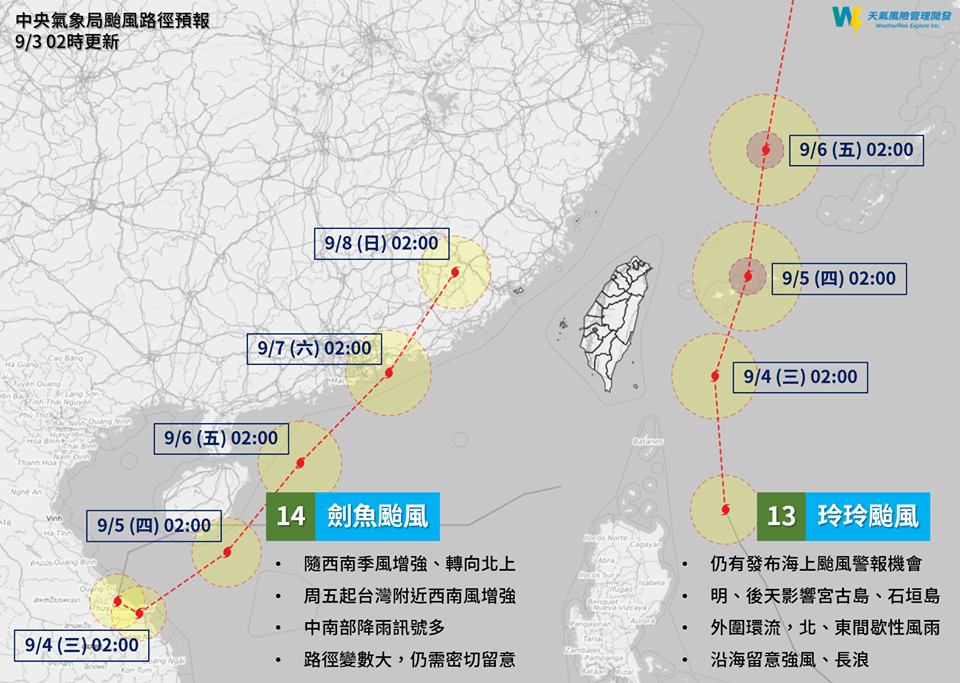天氣風險公司PO出一張圖，讓民眾了解玲玲、劍魚颱風動態。 圖：天氣風險公司/提供