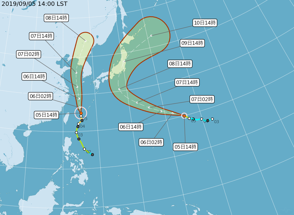 原位於關島東北東方 1,400 公里的熱帶性低氣壓，14時發展為第15號颱風「法西」 圖：中央氣象局/提供