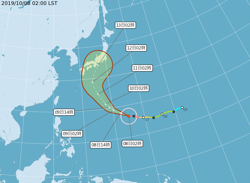 19號強烈颱風哈吉貝，今天凌晨2時距離鵝鑾鼻東南東方約2610公里之海面上，未來將朝西北西轉西北往日本南方海面移動 圖：中央氣象局/提供