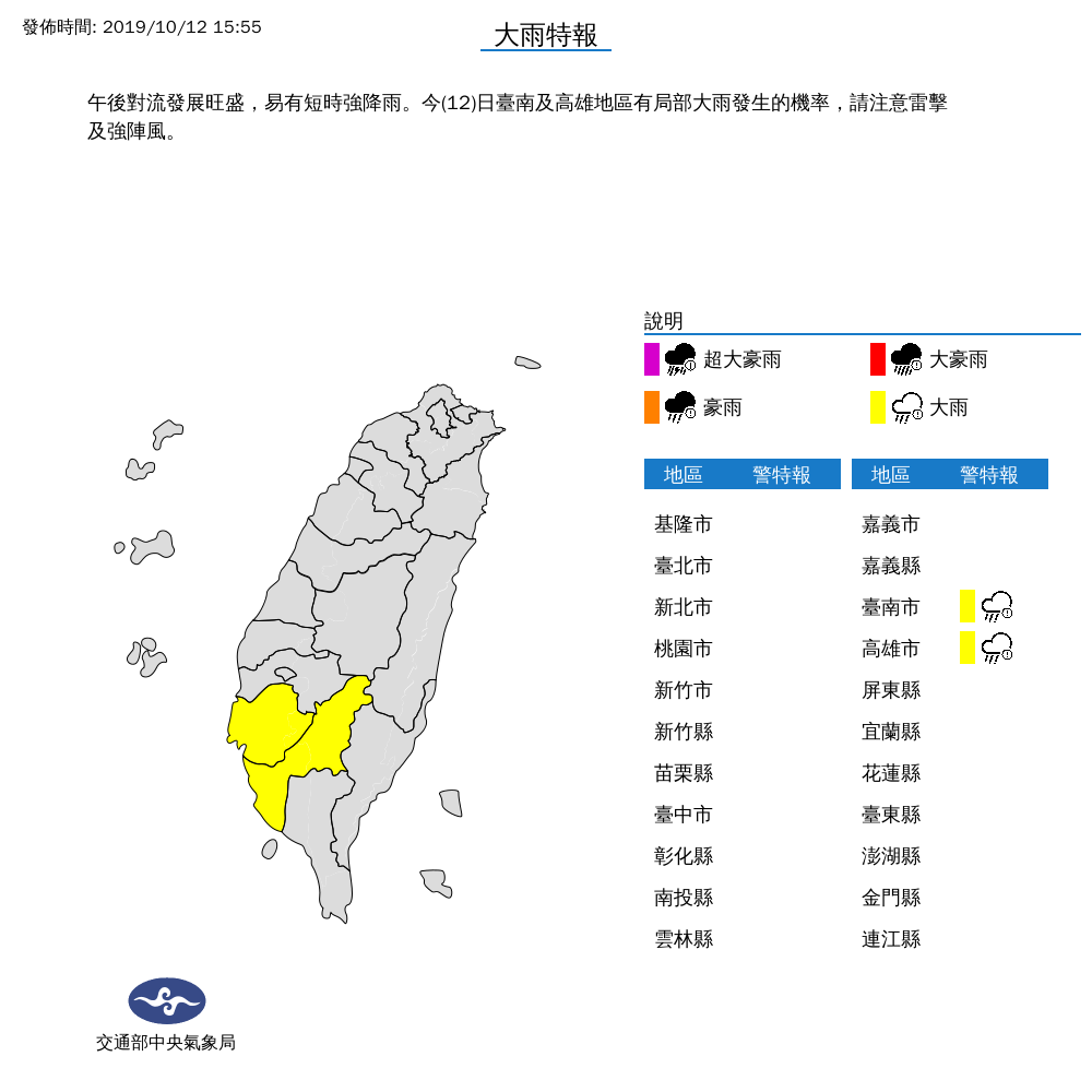 中央氣象局針對台南及高雄地區發布大雨特報，提醒民眾注意雷擊及強陣風。 圖：中央氣象局/提供