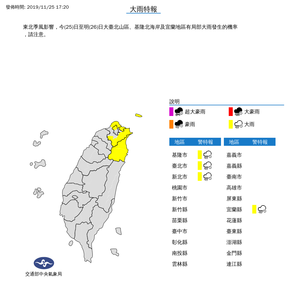 中央氣象局表示東北季風影響，今（25）日至明（26）日大台北山區、基隆北海岸及宜蘭地區有局部大雨發生的機率，請注意。 圖：中央氣象局/提供