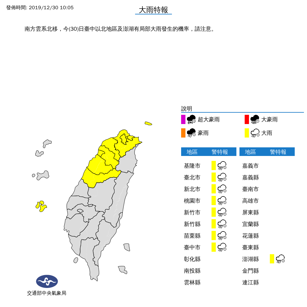 今（30）日受南方雲系北移，中央氣象局針對台中以北及澎湖縣等9縣市發布大雨特報，提醒民眾注意 圖：中央氣象局/提供