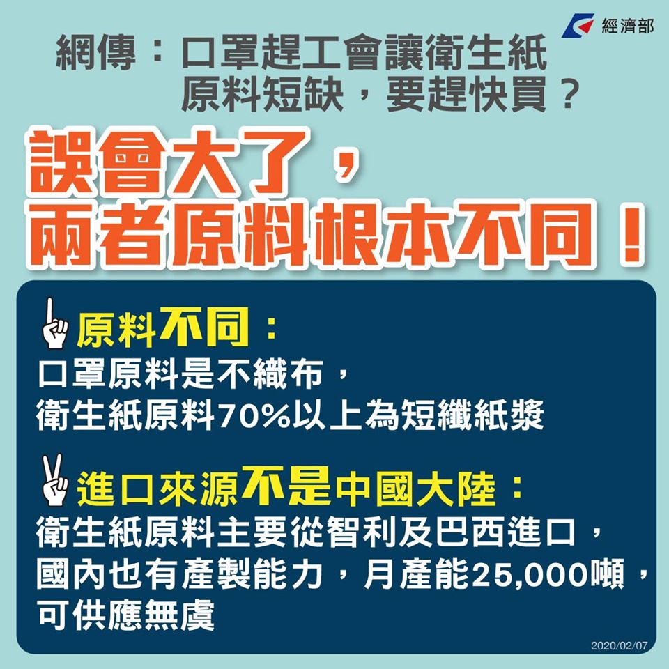 經濟部今（7）日發文闢謠，指出口罩與衛生紙原料根本不同。 圖：取自經濟部粉絲專頁