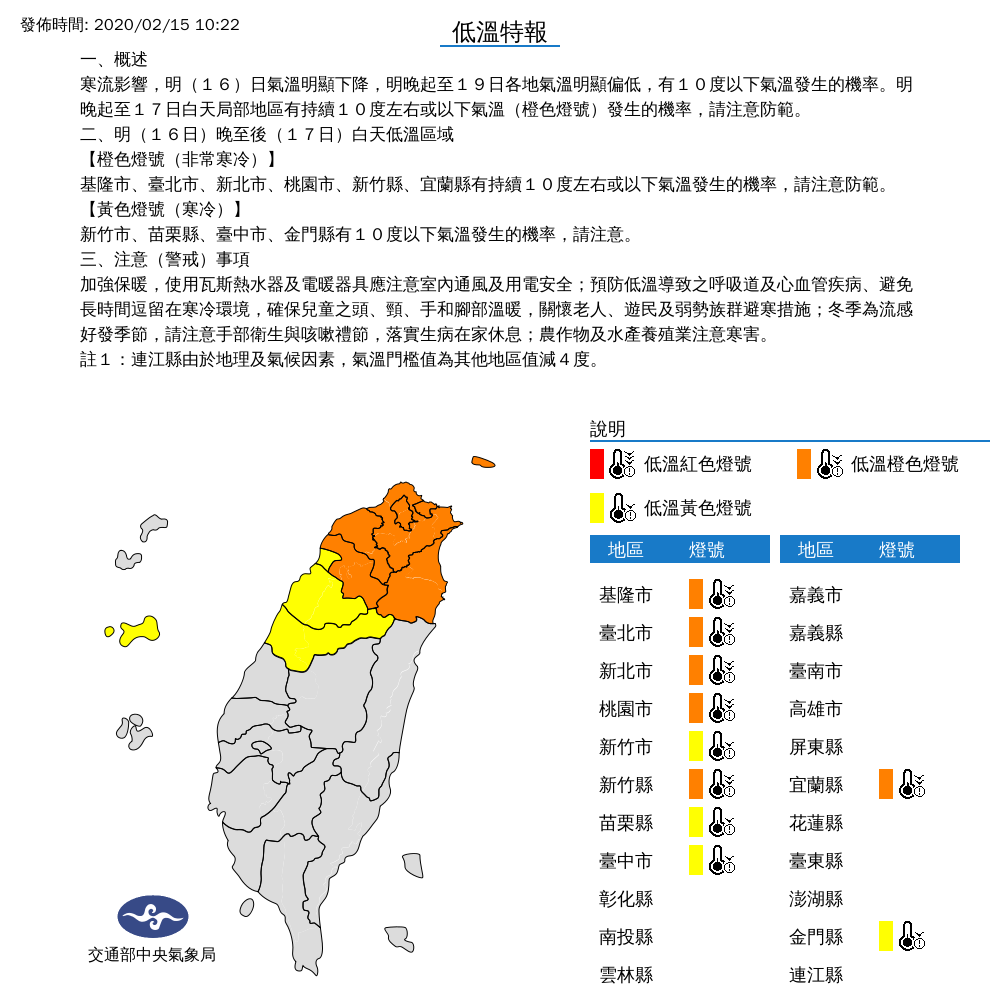 基隆市、新北市、台北市、桃園市、新竹縣、宜蘭縣新竹縣、宜蘭縣、新竹市、苗栗縣、台中市、金門縣有10度以下氣溫發生的機率。 圖：中央氣象局/提供