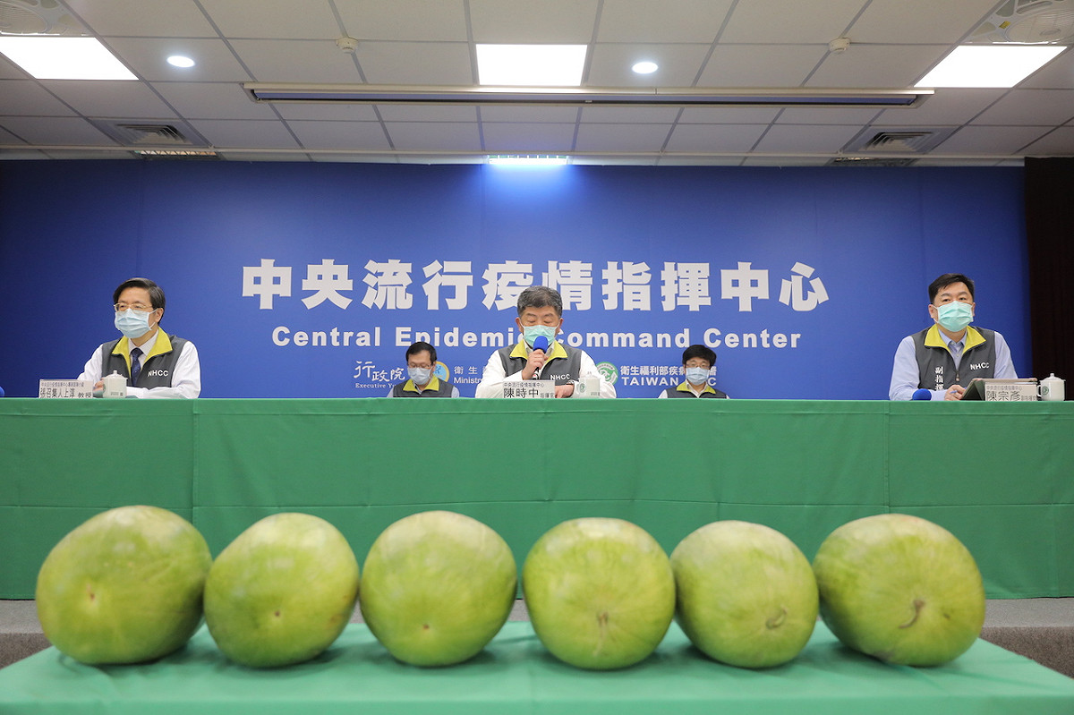 中央流行疫情指揮中心今（1）天記者會開始前，現場就放了6顆大西瓜，指揮官陳時中表示，6個西瓜代表6個0 圖：中央流行疫情指揮中心/提供