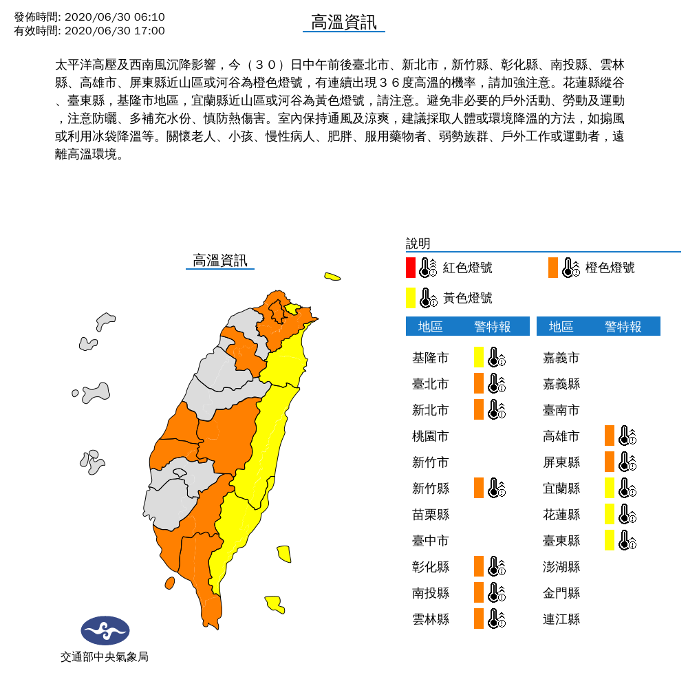 今天各地悶熱，氣溫普遍在33度以上，中央氣象局針對基隆市、台北市、新北市、新竹縣、彰化縣、南投縣、雲林縣、高雄市、屏東縣、宜蘭縣、花蓮縣、台東縣發布高溫特報 圖：中央氣象局/提供