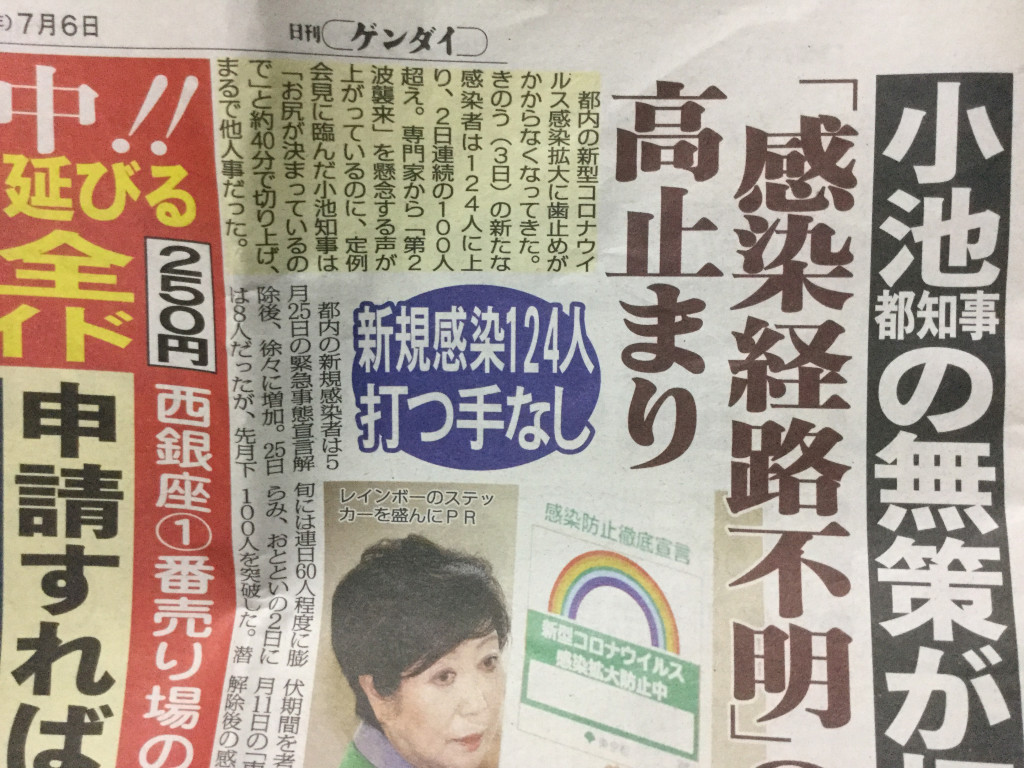 東京確診連日創新高，大家才體悟到是小池無能無策的結果，只是演出是不會有成果的，感染途徑不明的人數也飆高，近乎一半 圖:攝自日刊現代