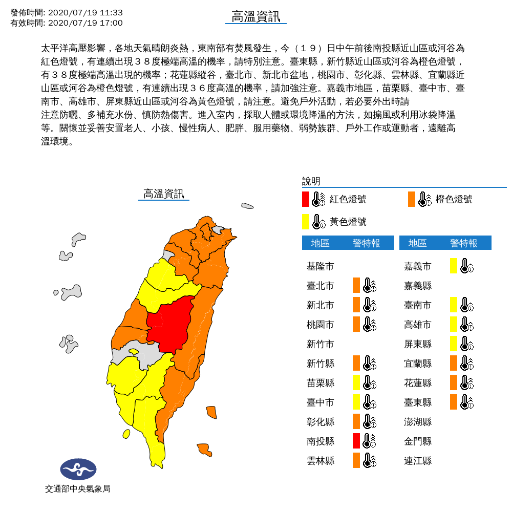 中央氣象局也針對全台16縣市發布高溫特報，提醒民眾注意。 圖：中央氣象局/提供