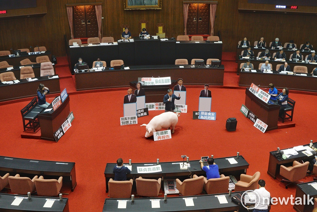 行政院長蘇貞昌今原訂到立院院會進行施政報告並備詢，但仍遭到國民黨立委杯葛，議事再度遭到癱瘓。國民黨立委在粉紅道具豬後進行國民黨版國是論壇，或是和蔡英文、蘇貞昌、陳吉仲和陳時中等人的肖像合影。 圖：張良一/攝